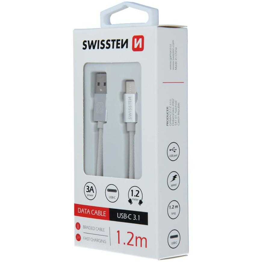 Kabel datový Swissten Textile USB / USB-C 1.2 m stříbrný Swissten