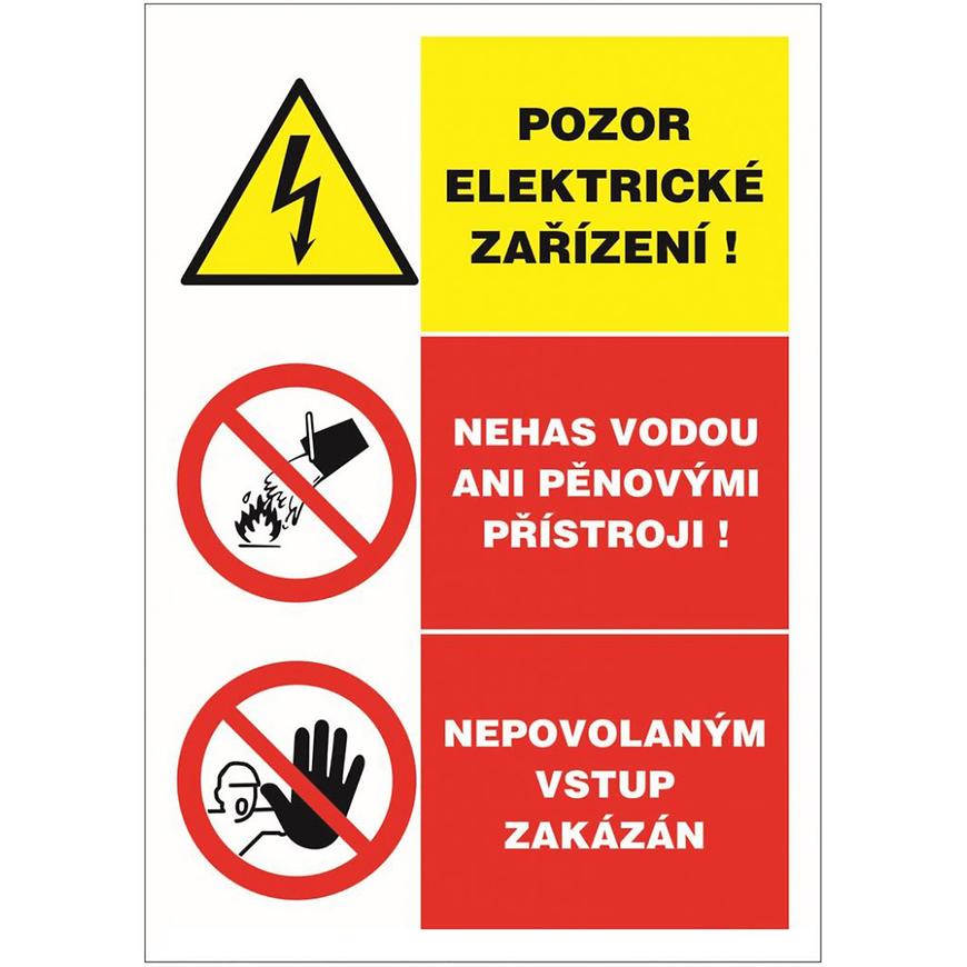 Pozor elektrické zařízení trojkombinace 148x210 mm samolepka Walteco